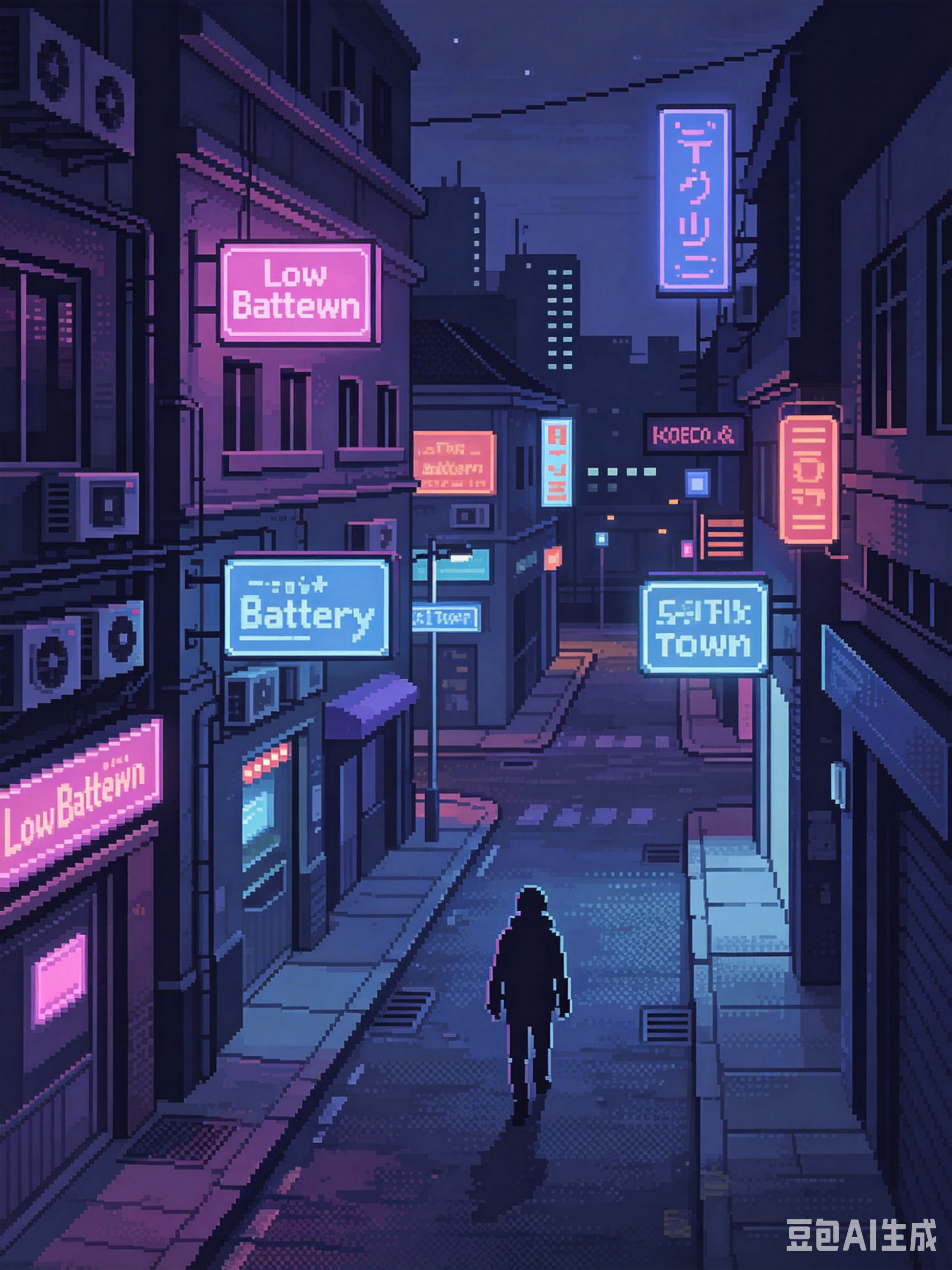 Pixel town alley at night — neon signs, a lone figure walking