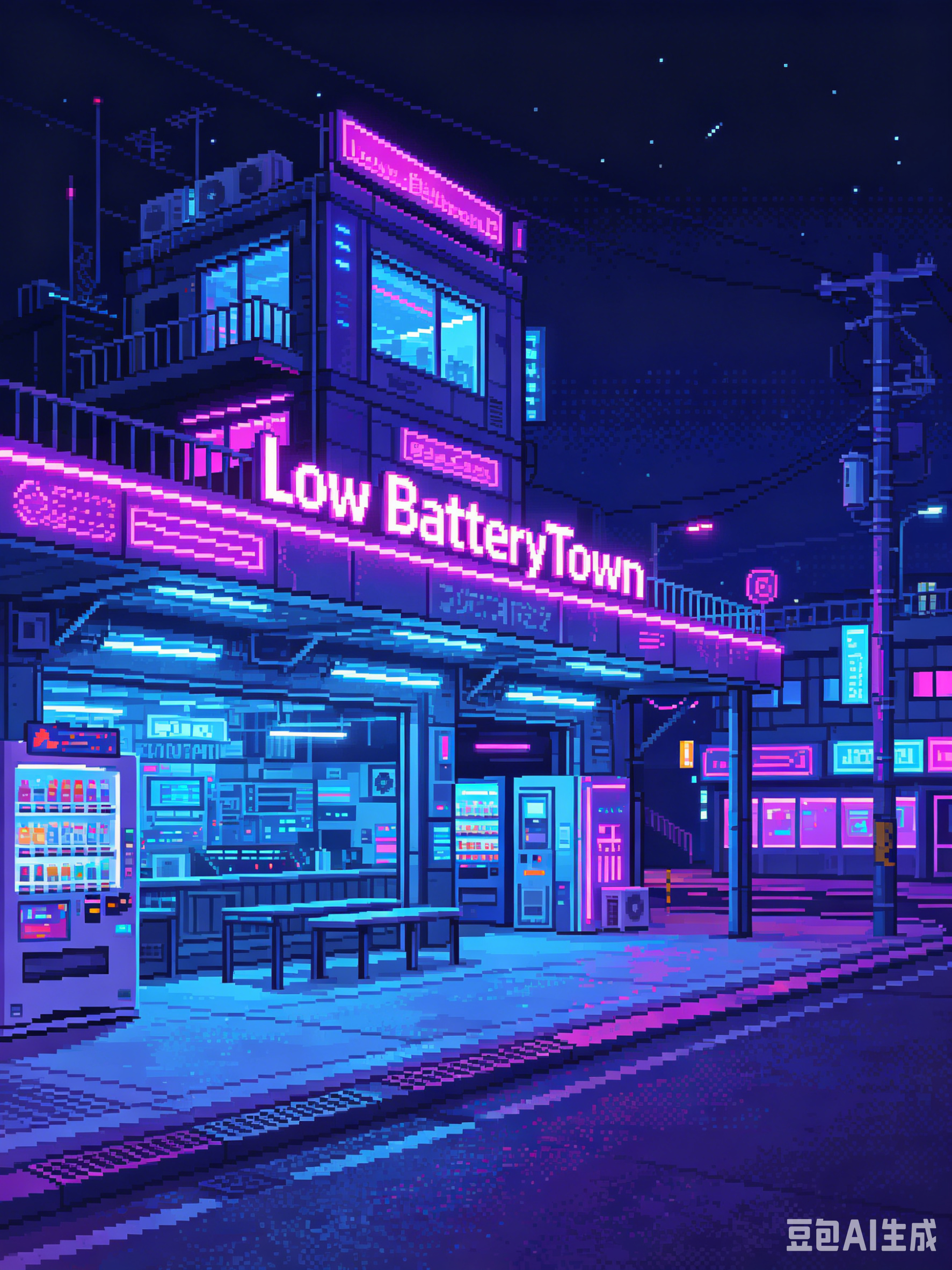 Low Battery Town neon station — vending machines and late-night streets