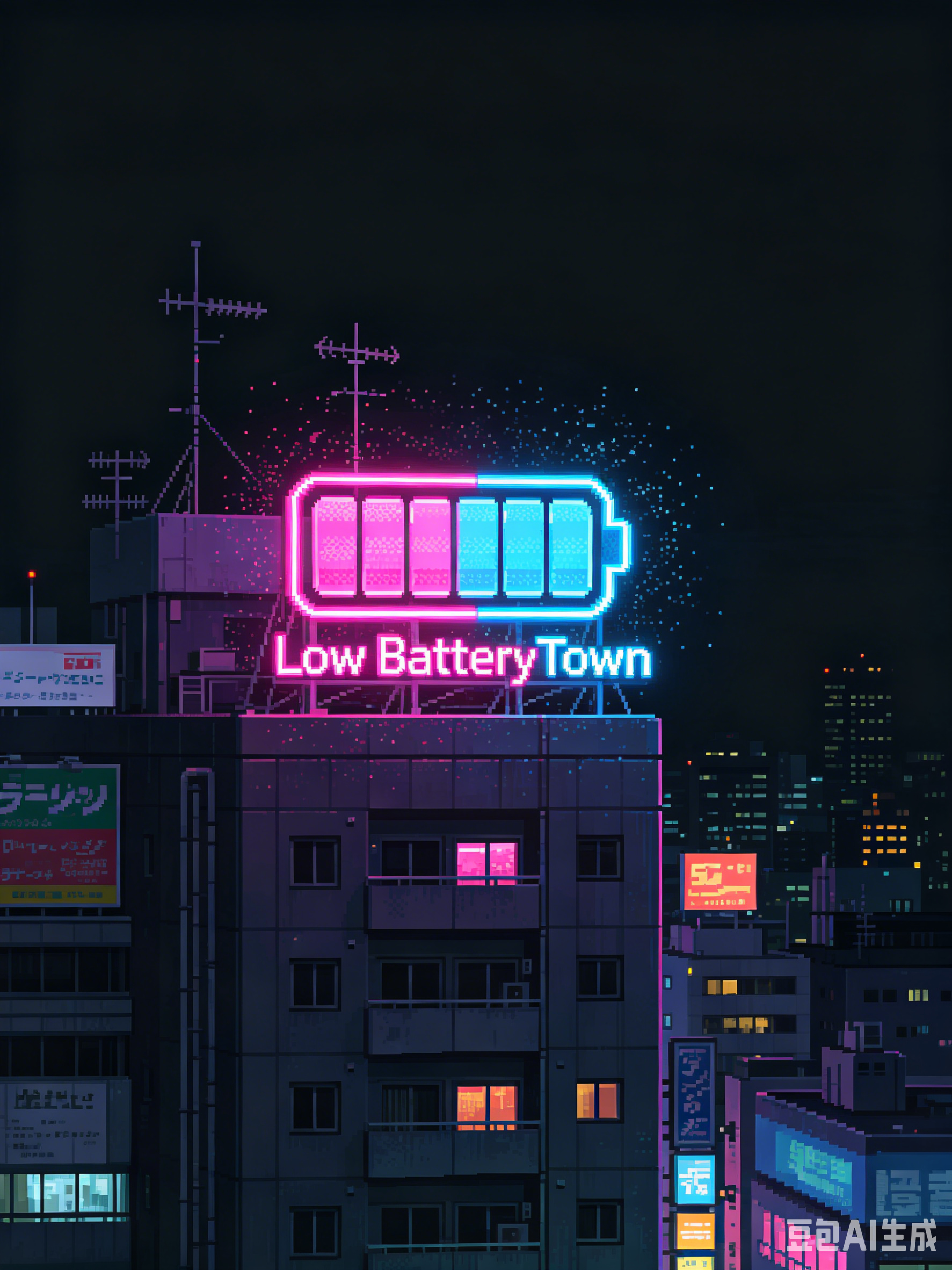 Low Battery Town neon sign glowing pink and blue on a city rooftop